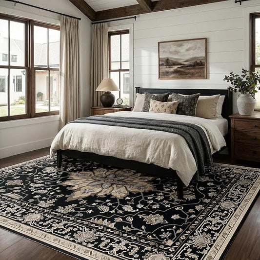 RELEANY Area Rugs 8'x10' Washable Non-Slip, Floral Vintage Distress Print Pattern Medallion Carpet for Living Room Bedroom Dining Room, Black Brown Neutral Dark Tan