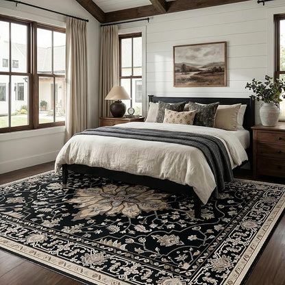 RELEANY Area Rugs 9'x12' Washable Non-Slip, Floral Vintage Distress Print Pattern Medallion Carpet for Living Room Bedroom Dining Room, Black Brown Neutral Dark Tan