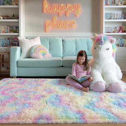 qulint 3x5 Area Rug for Bedroom, Fluffy Soft Nursery Rug for Girls Small Fuzzy Plush Colorful Rugs, Shaggy Carpet for Kids Room Dorm Living Room Home Decor (3ft x 5ft, Rainbow)