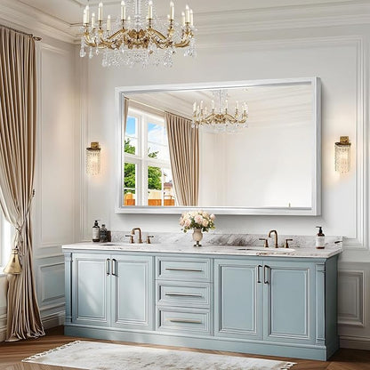 60"x40" Brushed Silver Bathroom Mirror, Large Rectangular Mirror for Wall, 0.6" Thickened Deep Frame Mirrors for Bathroom Sink, Shatterproof Tempered Glass, Antirust, Horizontally or Vertically