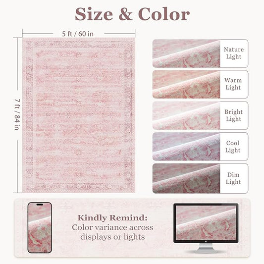 5x7 Pink Rug for Nursery, Thin Washable Rugs for Kids Room Playroom, Distressed Aesthetic Area Rugs for Bedroom Girls Dorm Romantic, Non Slip Carpet Rug for Living Room Dining Room Home Office
