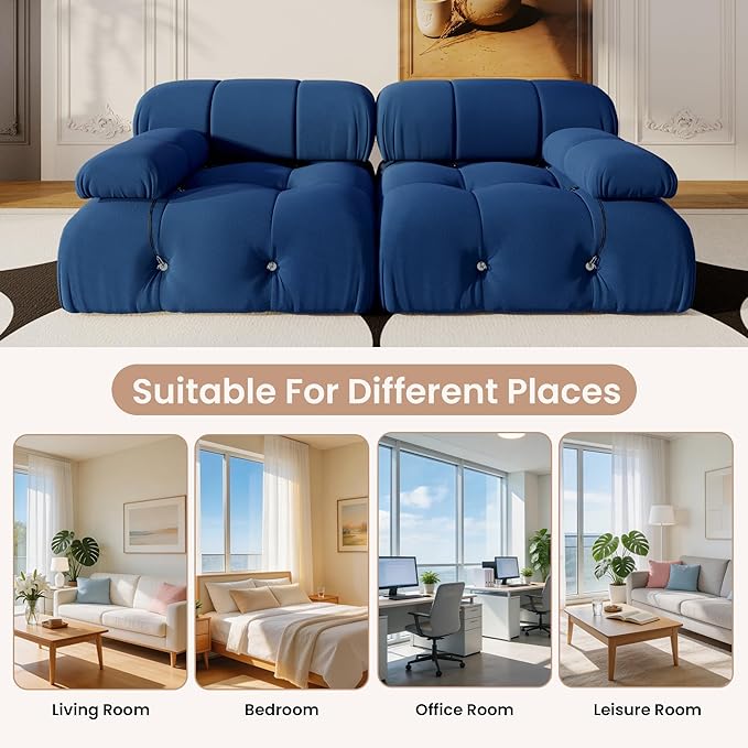 69'' Modular Sectional Sofa, Modern Luxury Velvet Loveseat Sofa, Minimalist Bubble Couch, Deep Seat Cloud Sectional Couches for Living Room, Apartment (2 Seats, Blue)