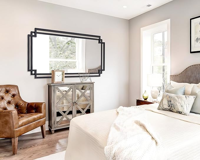 30" x 59" Large Wall Mirror for Decor, Black Decorative Mirror with Irregular and Rectangular Metal Frame, Black Large Bathroom Mirror Above Sink, Hang Vertically or Horizontally