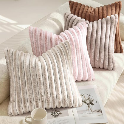decorUhome Summer Cozy Faux Fur Throw Pillow Covers 12x20 Set of 2 Decorative Soft Plush Striped Lumbar Modern Farmhouse Boho Couch Pillow Cases with Velvet Back for Sofa Bed Living Room, Pink White