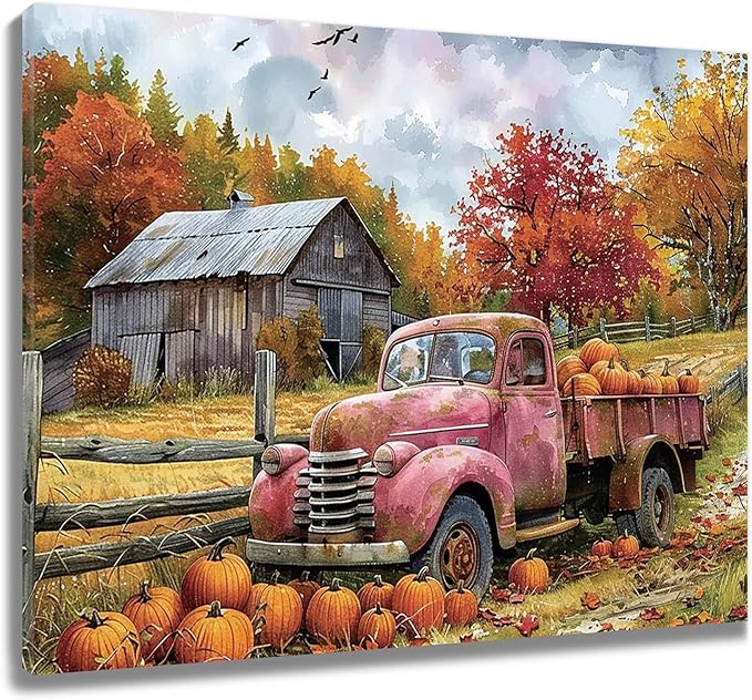 LB Fall Pumpkin Truck Wall Art Vintage Red Truck with Autumn Pumpkins in Farm Canvas Wall Art Farmhouse Harvest Wall Art Decor for Living Room Bedroom Bathroom Office Framed Ready to Hang 8L x 10W