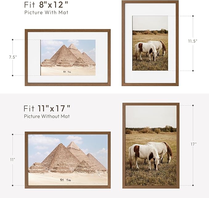 11x17 Oak Picture Frame, Solid Oak 11x17 Poster Frame with Mat to 8x12(Openning Size is 7.5x11.5), Natural Wood 17x11 Frames for Wall, (Walnut Set of 1)