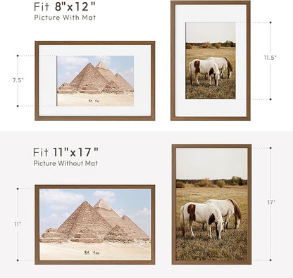 11x17 Oak Picture Frame, Solid Oak 11x17 Poster Frame with Mat to 8x12(Openning Size is 7.5x11.5), Natural Wood 17x11 Frames for Wall, (Walnut Set of 1)