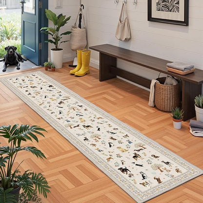 Dog Runner 2x10 Beige, Floral Carpet Non-Slip Washable Rug Ultra-Thin Soft for Hallways, Kitchen Mat Stain Resistant for Entryway Bathroom