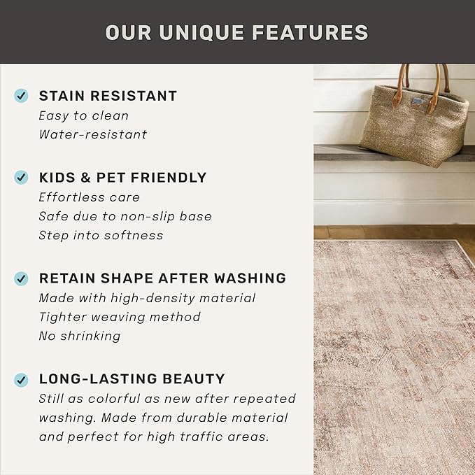 Hazo Haus Neutral Farmhouse Area Rug for Bedroom - 6x8 Washable Rug for Dining Room Table, Ultra-Thin Soft Textured Boho Indoor Decor, Fade & Stain Resistant