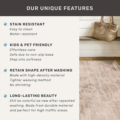 Hazo Haus Neutral Farmhouse Area Rug for Bedroom - 6x8 Washable Rug for Dining Room Table, Ultra-Thin Soft Textured Boho Indoor Decor, Fade & Stain Resistant