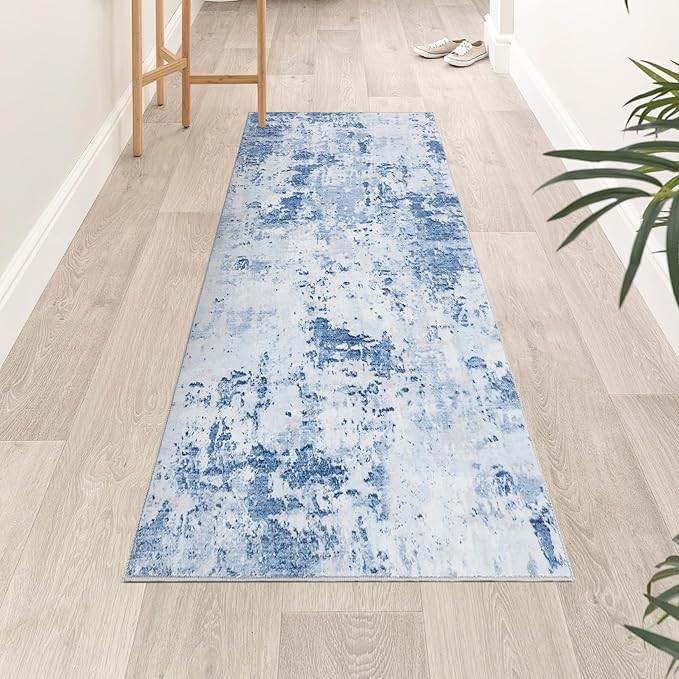 ROYHOME Modern Abstract Runner Rug 2x5 Washable Non Slip Stain Resistant Rug for Bedroom Living Room Non Shedding Low Pile Indoor Floor Cover,Light Blue