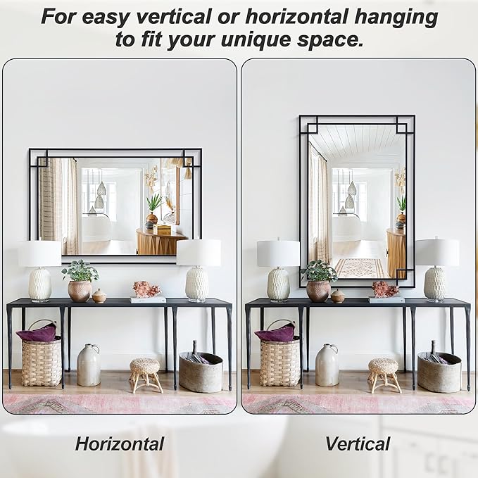 Chende 32''x47'' Large Black Mirror for Wall with Metal Frame, Modern Rectangular Decorative Mirror for Bathroom, Fireplace, Sofa, Horizontal/Vertical Hanging