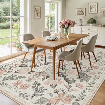Area Rugs 9x12 Living Room: Lagre Boho Living Room Rug Soft Non-Slip Thin Carpet Indoor Floor Non-Shedding Neutral Floral Carpets for Bedroom Dining Room Farmhouse Nursery Pink