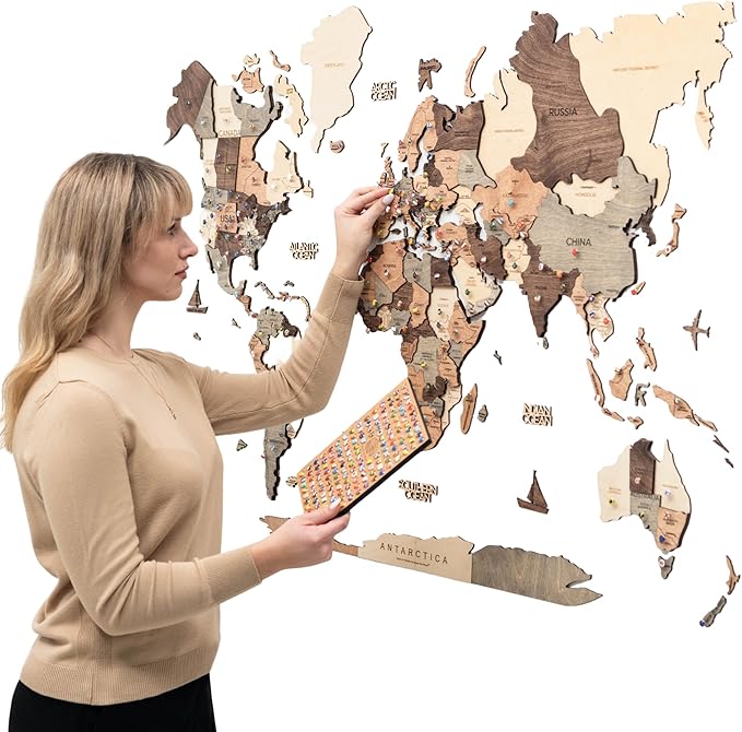 Enjoy The Wood 3D Wooden World Map Wall Art - Large Travel Map with Pins for Art Decor - Decorative Map of the World for Home, Office - Travel Wall Art Housewarming Gift Idea (Smokey, XL, Unframed)