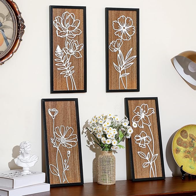 Wesiti 4 Pcs 3D Wooden Floral Wall Decor 16x7inch Lightweight Boho Botanical Flower Framed Wall Art Set for Spring Rustic Farmhouse Home Bathroom Living Room Bedroom Office Decoration