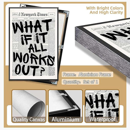 Retro Black And White Newspaper Poster What If It All Works Out Canvas Wall Art Positive Affirming Quote Minimalist Prints Painting For Home Bedroom Dorm Wall Decor 8x12in Framed