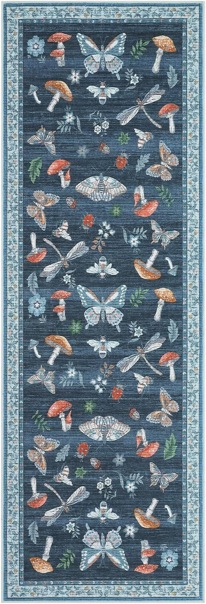 ROYHOME Mushroom Insect Rug 2x6 Runners for Hallways, Boho Kitchen Runner Rugs Non Slip Bath, Modern Washable Rug for Bedroom, Soft Long Rugs for Entryway Bathroom Laundry Dorm, Blue