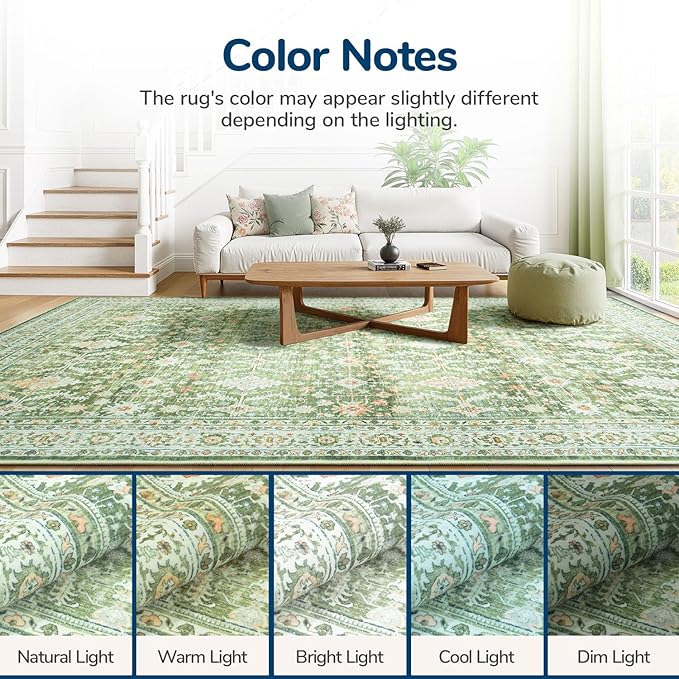 Lessymo 5x7 Washable Area Rug with Non Slip Backing,Soft Boho Indoor Carpets for Living Room Bedroom Nursery, Kid and Pet Friendly, Light Green