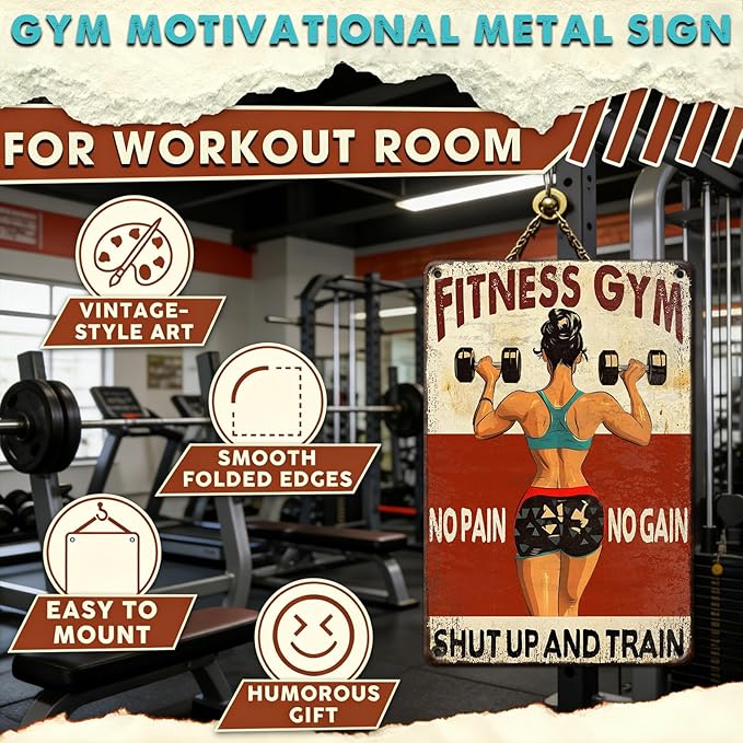Women‘s Gym Motivational Metal Sign “No Pain No Gain And Train” - 8x12 Inch Vintage Tin Wall Art for Home Gym, Workout Room & Funny Gift Decor