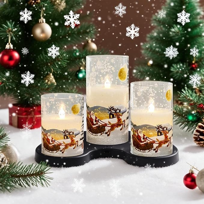 Santa Glass Flameless Candles Rechargeable Battery Operated with Remote and Timer Real Wax LED Flickering Pillar Candles White Cold Light Window Christmas Holiday Decor D3 x 4",5",6"