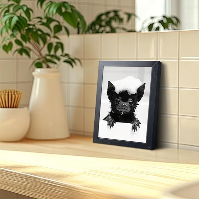 Funny Bat Bathroom Wall Art, Black and White Cute Animal Canvas Print Poster, Gothic Farmhouse Bat Wall Decor Painting, Humorous Halloween Restroom Picture Home Decoration 8x10 Inch Framed