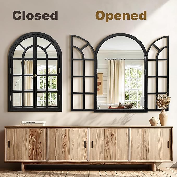 Arched Window Mirrors for Wall, Wooden Rustic Farmhouse Mirror for Wall Decor 26 x 38 Black, Decorative Wall Mirror Arch for Living Room, Bedroom, Bathroom, Fireplace, Farmhouse