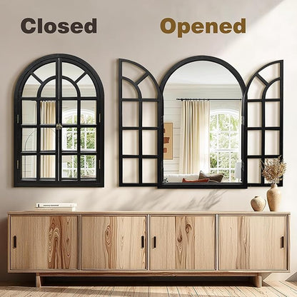 Arched Window Mirrors for Wall, Wooden Rustic Farmhouse Mirror for Wall Decor 26 x 38 Black, Decorative Wall Mirror Arch for Living Room, Bedroom, Bathroom, Fireplace, Farmhouse