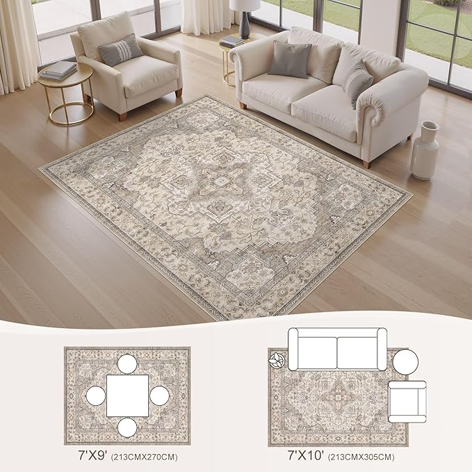 EIEIHOUSE Washable Area Rugs for Living Room - 7x9 Neutral Vintage Distressed Floral Farmhouse Boho Large Soft Floor Rug Indoor Non Slip Carpet for Living Room Bedroom Dining Room Office -Brown/Multi