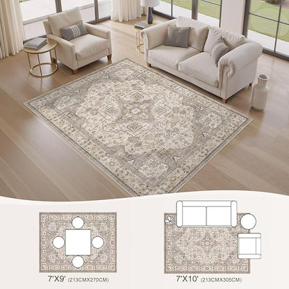 EIEIHOUSE Washable Area Rugs for Living Room - 7x9 Neutral Vintage Distressed Floral Farmhouse Boho Large Soft Floor Rug Indoor Non Slip Carpet for Living Room Bedroom Dining Room Office -Brown/Multi