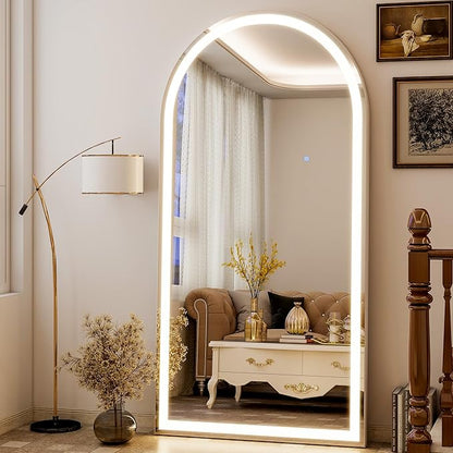 Arched LED Mirror Full Length - 30" x 71" Large Arch Floor Full Body Mirror with 3 Color Lights Brightness Adjustable, Standing Leaning for Bedroom, Dressing Room, Cloakroom, White