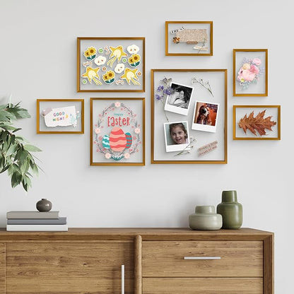 Frametory, Floating Picture Frames Set - Bronze Metal Photo Frames - Real Glass - Display One 11x14, Two 8x10, and Four 5x7 Inch Photos for Home Decoration
