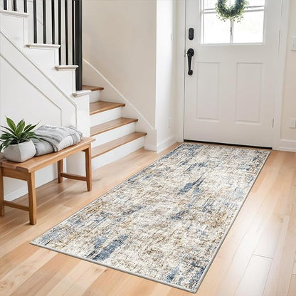 Washable 3x5 Entryway Rug - Non-Slip Soft Low-Pile Thin Small Area Rugs for Kitchen Bedroom Living Room Hallway – Modern Abstract Neutral Door mat Indoor（Blue Brown）