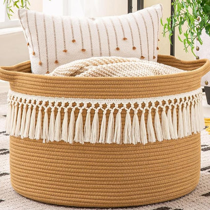 KAKAMAY Large Blanket Basket (20"x13"),Woven Baskets for storage Baby Laundry Hamper, Cotton Rope Blanket Basket for Living Room, Laundry, Nursery, Pillows, Baby Toy chest (Brown Fringe)