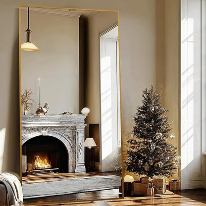 Beauty4U 79" x 39" Full Length Mirror with Stand, Large HD Tempered Glass Floor Mirror, Wall Mounted/Leaning/Standing, Gold Metal Frame Full Body Mirror for Bedroom, Living Room, Dressing Room