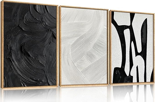 Black and White Abstract Framed Canvas Wall Art Set, Modern Textured Brushstroke Wall Decor,Neutral Minimalist Line Art Print for Living Room,Bedroom,Dining Room, Office-16 x24 x3