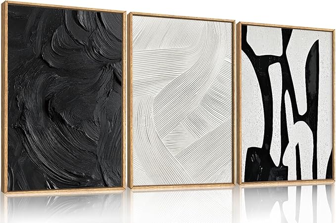 Black and White Abstract Framed Canvas Wall Art Set, Modern Textured Brushstroke Wall Decor,Neutral Minimalist Line Art Print for Living Room,Bedroom,Dining Room, Office-24 x36 x3