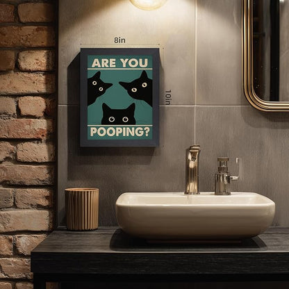 Cyebmo Funny Black Cat Bathroom Wall Art, Whimsical Toilet Humor Wall Decor, “Are You Pooping?” Cat Canvas Painting, Three Cats Poster Print for Restroom BathRoom Wood Framed Ready to Hang 8x10 Inch