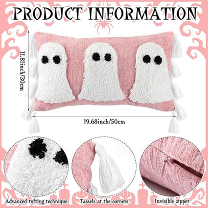 Yuntau Halloween Ghost Throw Pillows Cover Decorative Pink Ghost Shaped Pillowcase Embroidery Cushion Cover Cute Halloween Decorations for Home Bedroom Bed Sofa Living Room Outdoor Party Decor