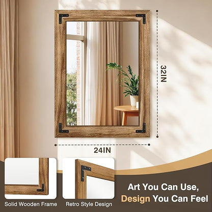 Wooden Bathroom Mirror for Wall, 32"x24" Solid Wood Frame Vanity Mirror, for Farmhouse, Bedroom, Living Room, Entryway Decor, Hangs Vertically or Horizontally