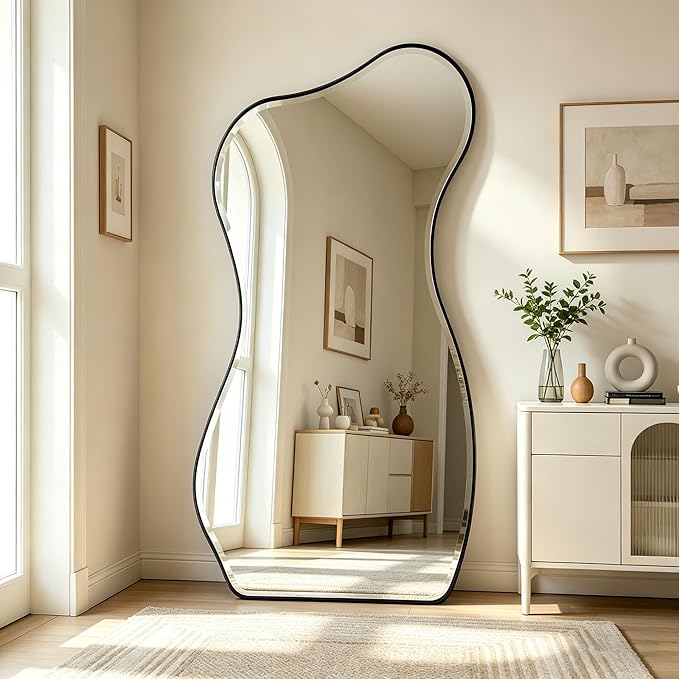 POZINO Irregular Beveled Mirror, 63"x32" Large Asymmetrical Wall Mirror with Metal Frame, Premium Organic Aesthetic Floor Mirrors for Living Room Cloakroom Hallway Entryway, Leaning/Wall-Mount