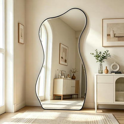 POZINO Irregular Beveled Mirror, 63"x32" Large Asymmetrical Wall Mirror with Metal Frame, Premium Organic Aesthetic Floor Mirrors for Living Room Cloakroom Hallway Entryway, Leaning/Wall-Mount