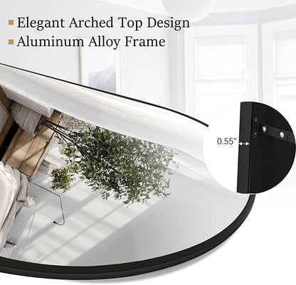 Rowjut 64"x21"Floor Mirror Arched Full Length Mirros, Mirror Floor Length Standing Hanging or Leaning & Large Full Body & Wall Mirror for Bedroom, Living Room, Aluminum Frame, Black