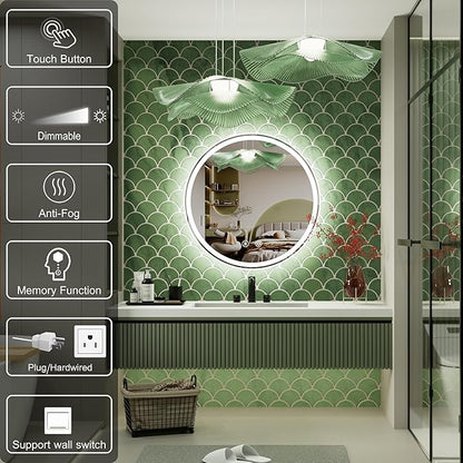 20 Inch Round LED Bathroom Mirror with Anti-Fog, Dimmable Front & Backlit Lights, 6000K Daylight, Frameless, 5mm HD Glass, Memory Function, Touch Control, CRI 90+