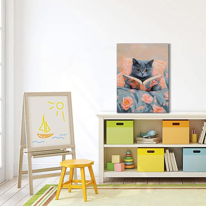 Framed Cat Reading Book Canvas Wall Art, Cute Gray Kitten Painting Print, Funny Animal Lovers Picture Wall Decor for Bedroom Living Room Kids Room Girls Room Home Decor 12x16 Inch