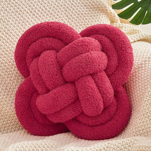 Knot Pillow, 12" Soft Decorative Throw Pillows for Couch Bed, Gray Pink Knotted Plush Throw Pillow Handmade Square Cushion Home Decor Pillows (Wine Red, 12 Inches X12 Inches)