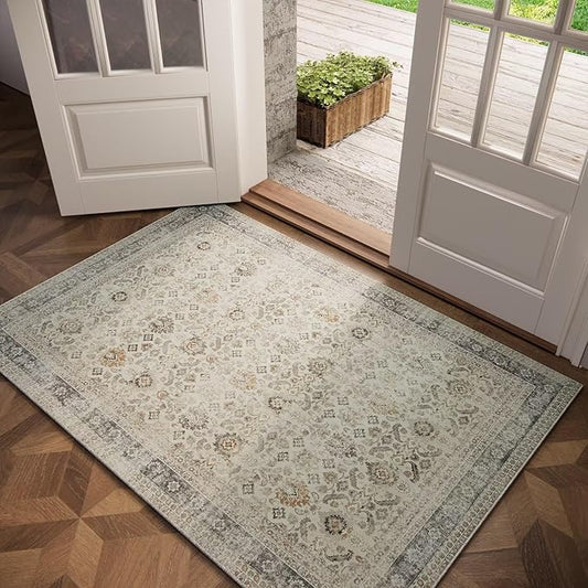 Washable 2x3 Entryway Rug, Boho Non-Slip Door Mat Vintage Distress Small Rugs for Kitchen Nursery Office Bedroom, 0.3" Neutral Oriental Throw Carpet with Cushioning Pad, Grey/Beige/Multi, C2