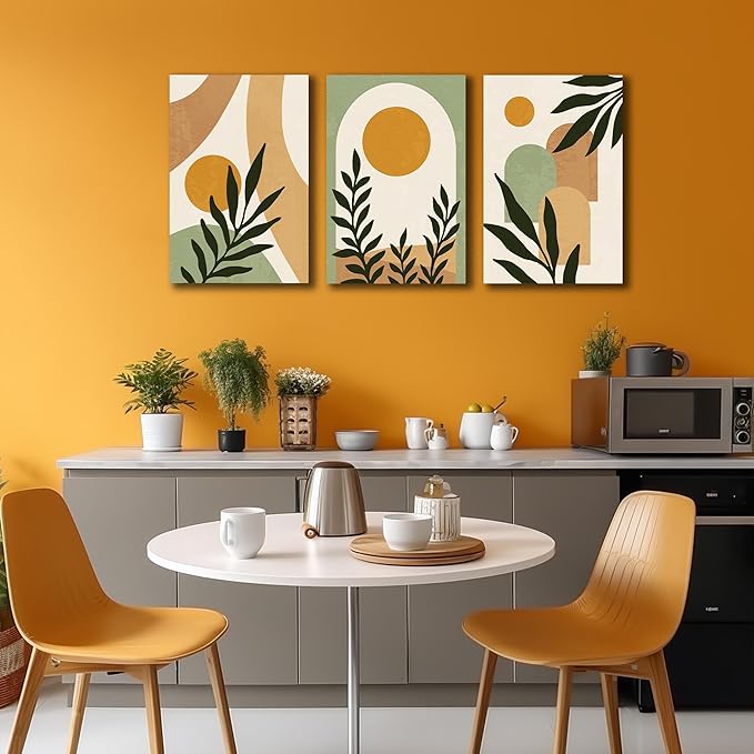Boho Sun Canvas Wall Art Set of 3, Neutral Abstract Minimalismt Bohemian Geometric & Botanical Plants Pictures Prints Artwork Paintings Wall Decor for Bedroom Living Room Home Decoration 16x24 inches