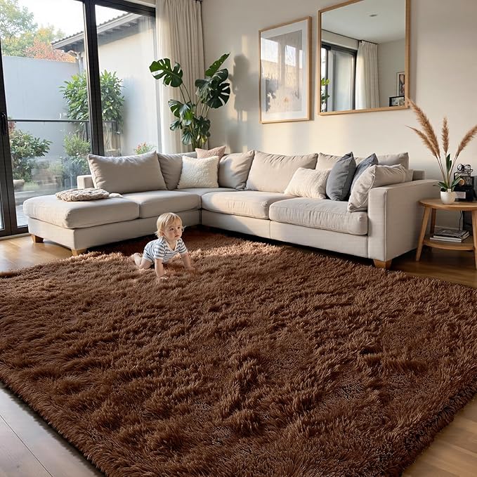 yongyangjuxin Fluffy Rug Shag Area Rug, Brown 8x10 Area Rugs for Living Room, Large Shag Area Rugs for Bedroom Kids Room Home Decor, Upgrade Anti-Skid Rectangular Fuzzy Rugs