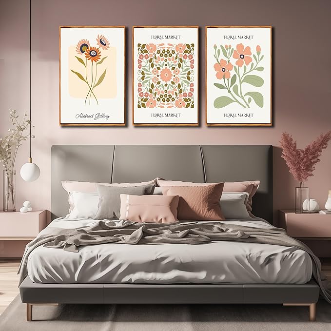 3 PCS Boho Floral Canvas Wall Art, Framed Rustic Botanical Canvas Paintings Prints ArtWork for Living Room, Vintage Flower Pictures for Farmhouse Dining Room Hallway Bedroom Wall Decor 24"x36"