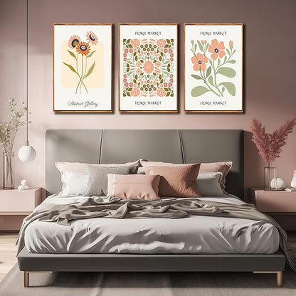 3 PCS Boho Floral Canvas Wall Art, Framed Rustic Botanical Canvas Paintings Prints ArtWork for Living Room, Vintage Flower Pictures for Farmhouse Dining Room Hallway Bedroom Wall Decor 24"x36"